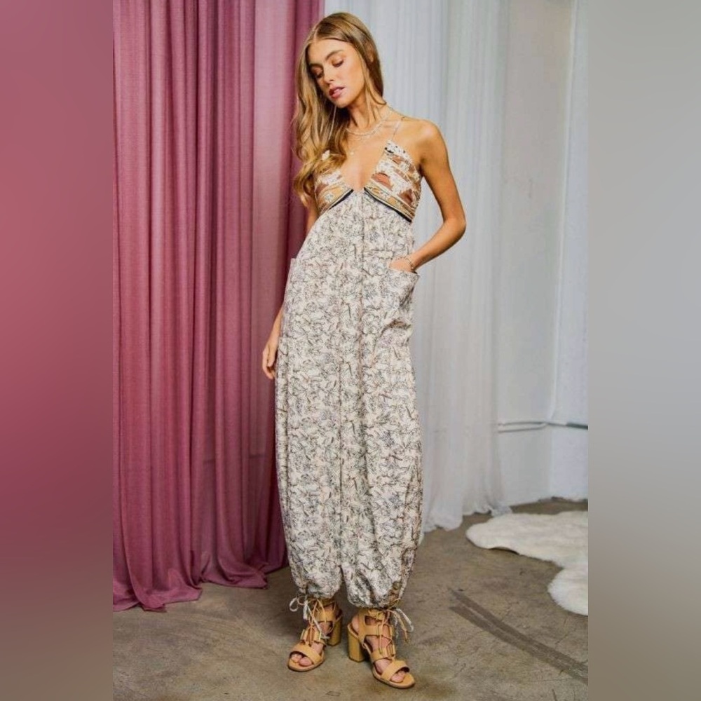 ***ONE ITEM PER ORDER*** Women's Mixed Print Criss Cross Harem Jumpsuit - Picture 3 of 12